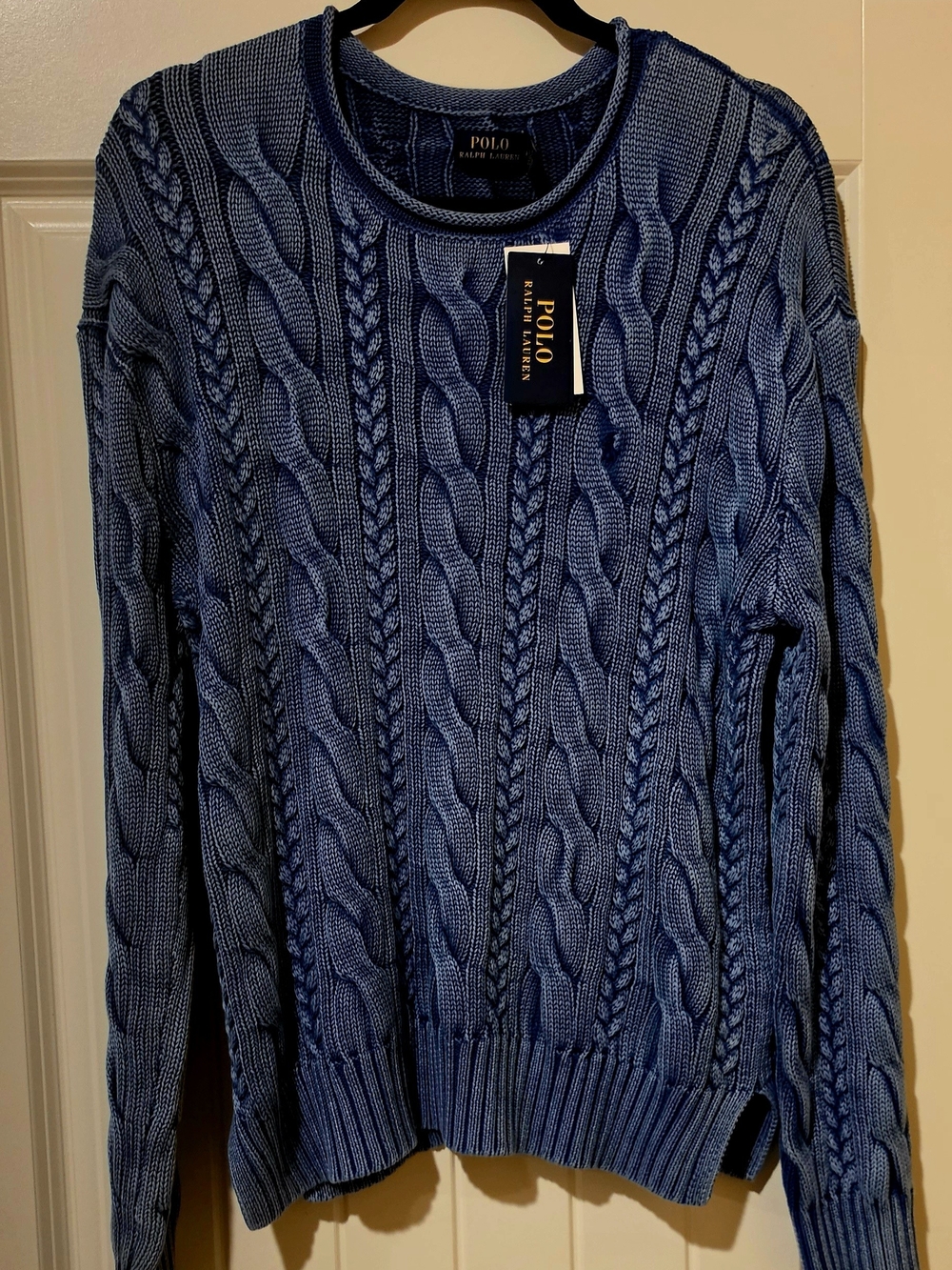 Polo Ralph Lauren Cable-Knit Cotton Crewneck Sweater Blue & White Medium